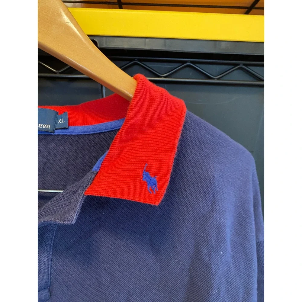 Vintage Ralph Lauren Polo Shirt Contrast Collar XL Navy Blue Red Cotton Preppy